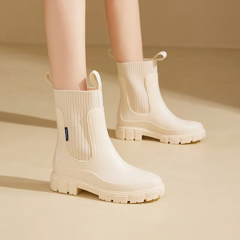 Beige Platform Wellington Boots Waterproof Round Toe