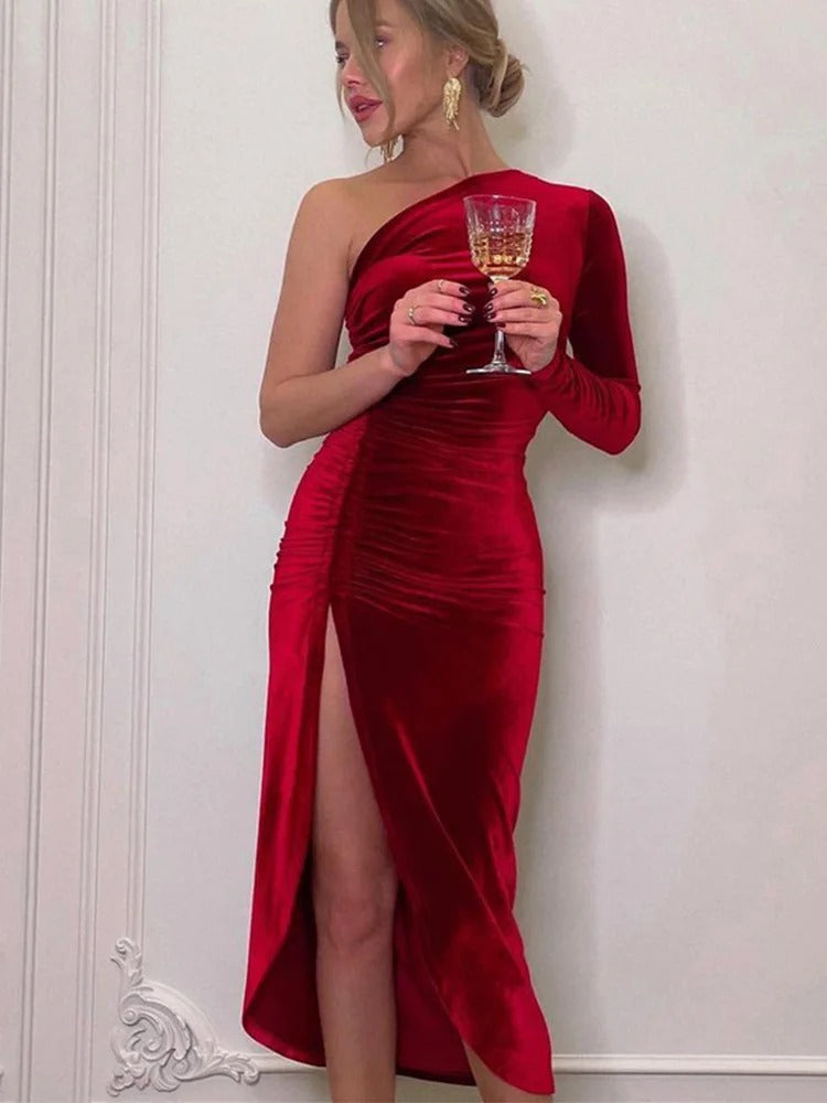 Red velvet evening dress with slit