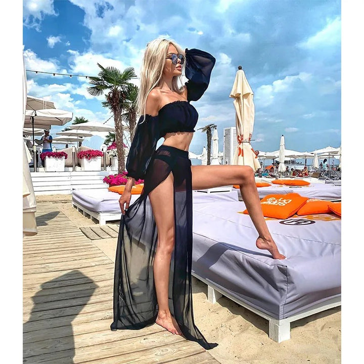 Black Two Piece Beach Set with Slit