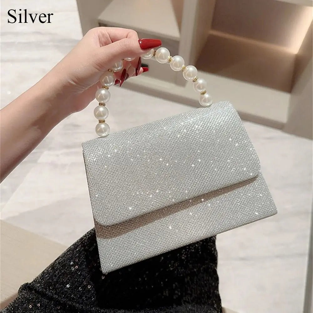 Evening Bag With Pearl Chain Silver