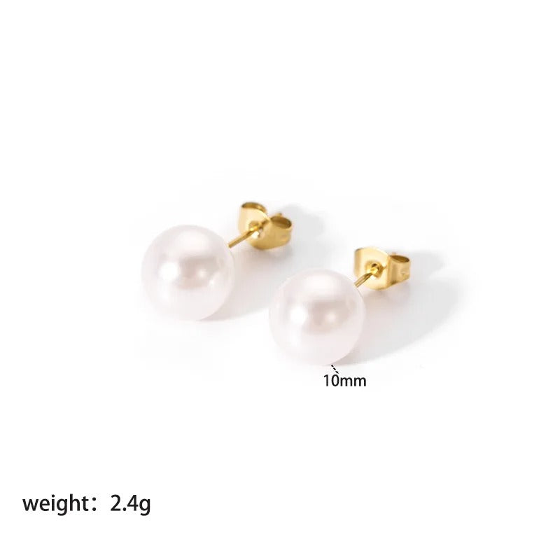 Gold Stud Earrings with Imitation Pearls 10mm