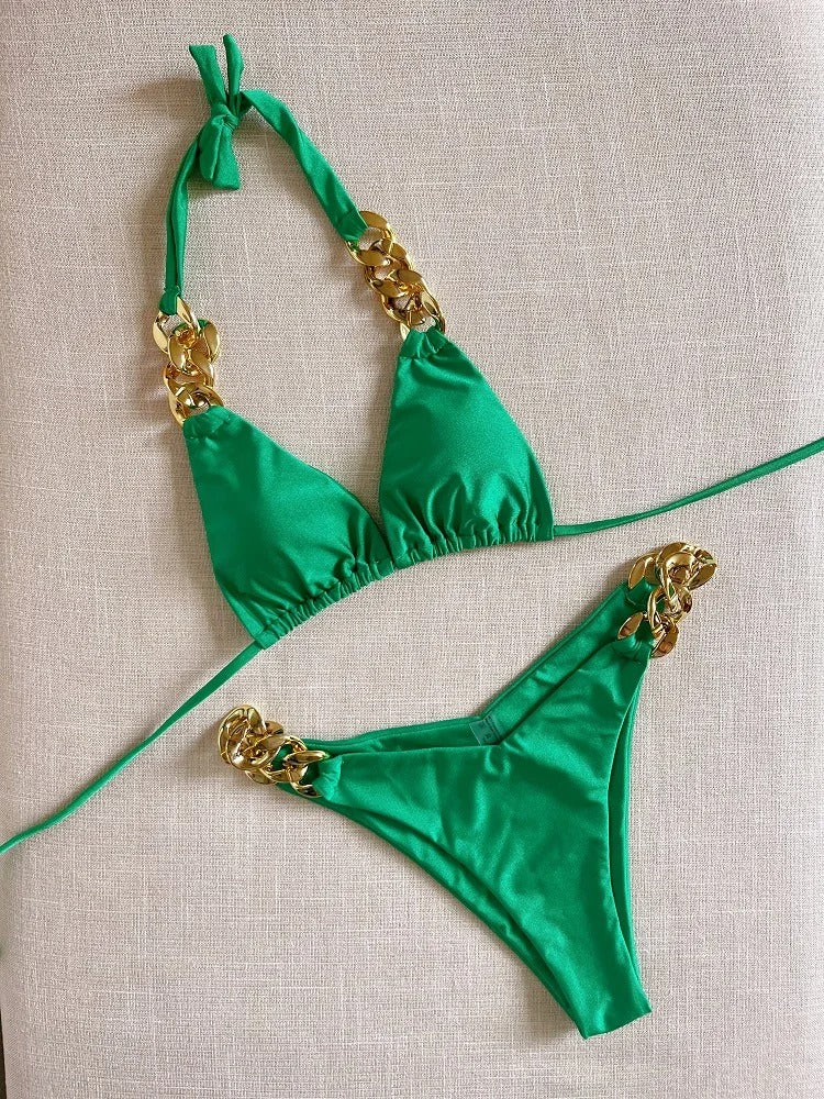 Zielony Seksowny Trójkątny Bikini Set 2 Częściowy Brazylijski Strój Kąpielowy