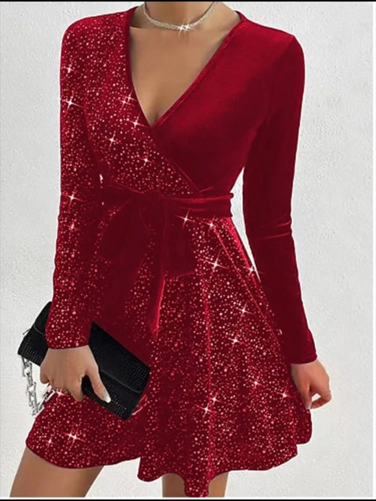 Red Sequined V-Neck Mini Dress