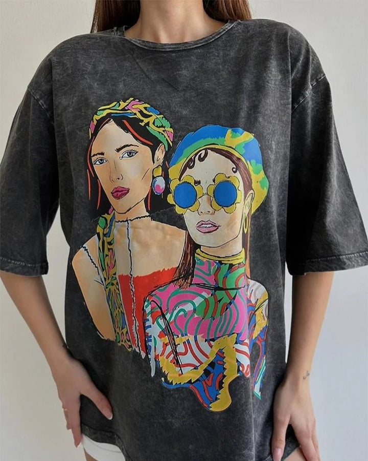 Black Oversize T-shirt with Colorful Vintage Portrait