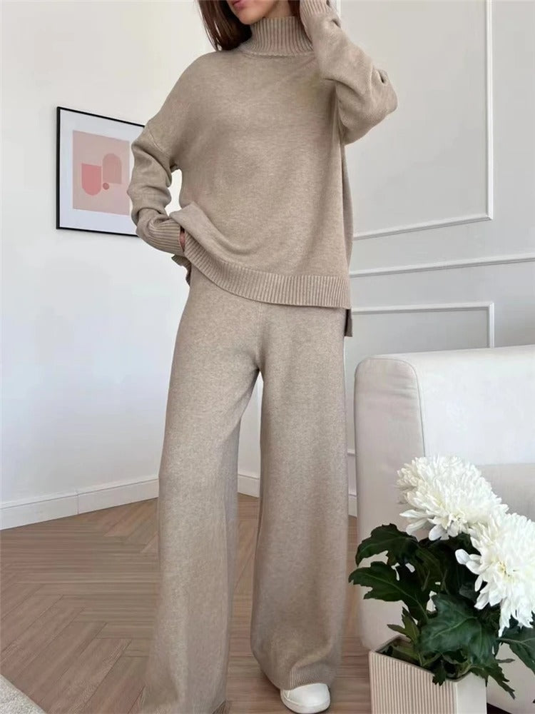 Camel Knitted Set with Turtleneck and Wide Trousers