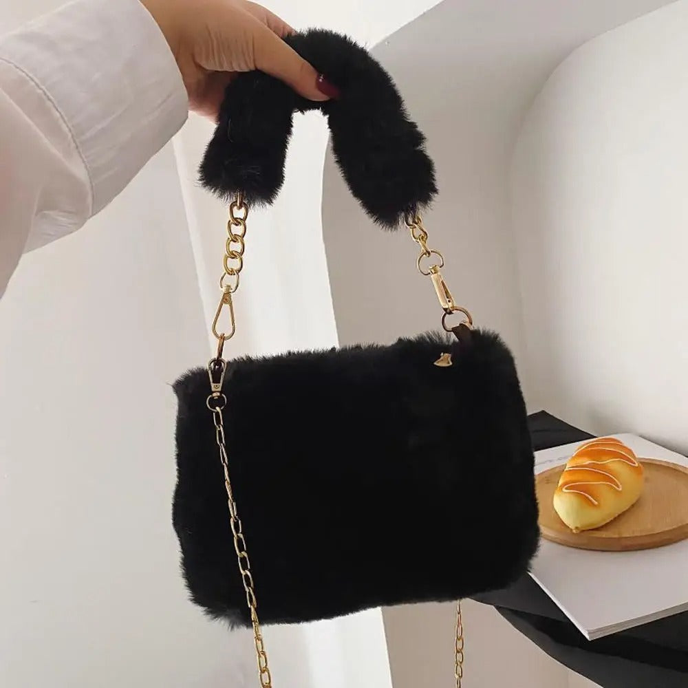 Black Faux Fur Bag with Gold Chain