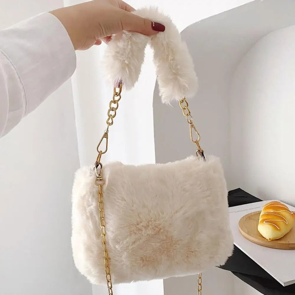 Beige Faux Fur Bag with Gold Chain