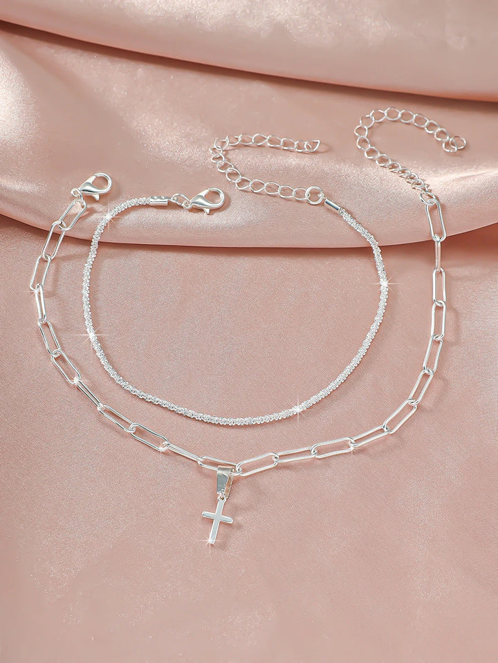 Silver Ankle Bracelet Set with Cross