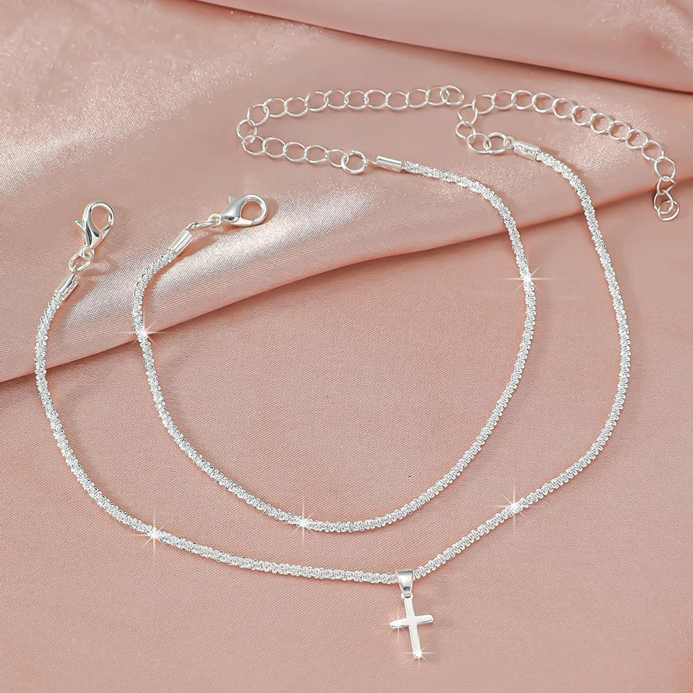 Silver Ankle Bracelet Set with Cross