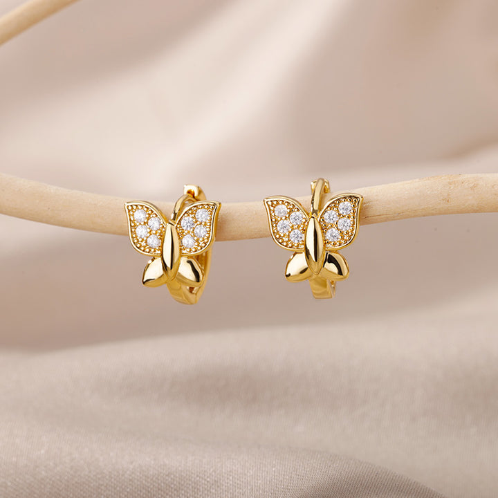 Gold Hoop Earrings with Cubic Zirconia and Butterfly Motif