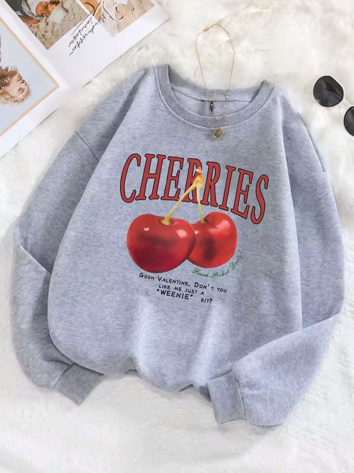 Women's Cherry Print Sweatshirt - Loose Fit, Fleece