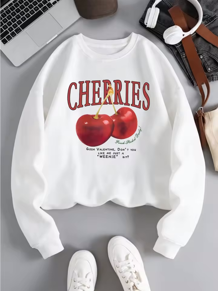 Women's Cherry Print Sweatshirt - Loose Fit, Fleece