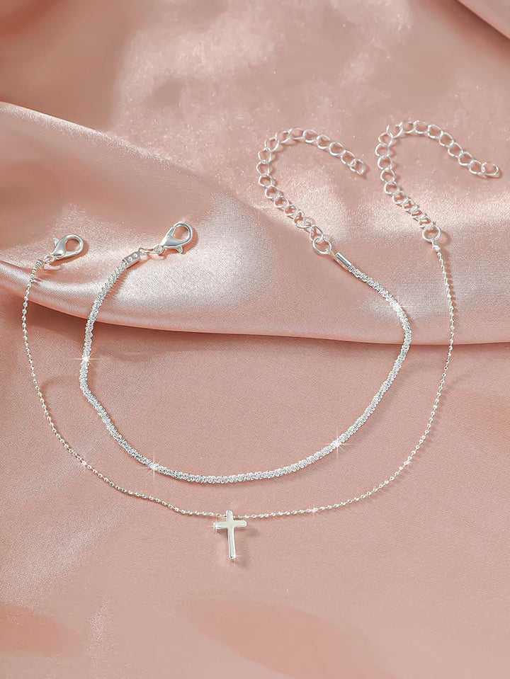 Silver Ankle Bracelet Set with Cross