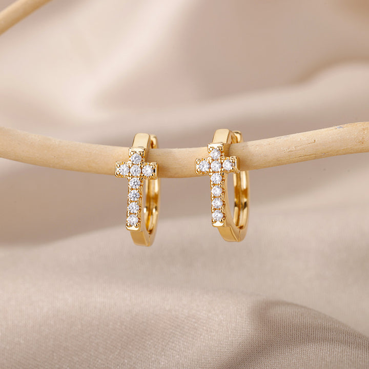 Gold Hoop Earrings with Zircons and a Cross