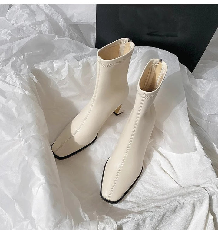 Vintage women's ankle boots with a square toe - elegance and style for fall and winter - white