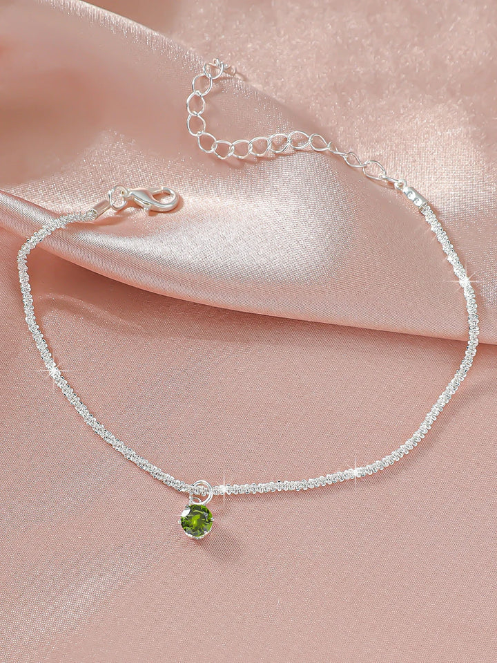 Silver Ankle Bracelet with Green Crystal