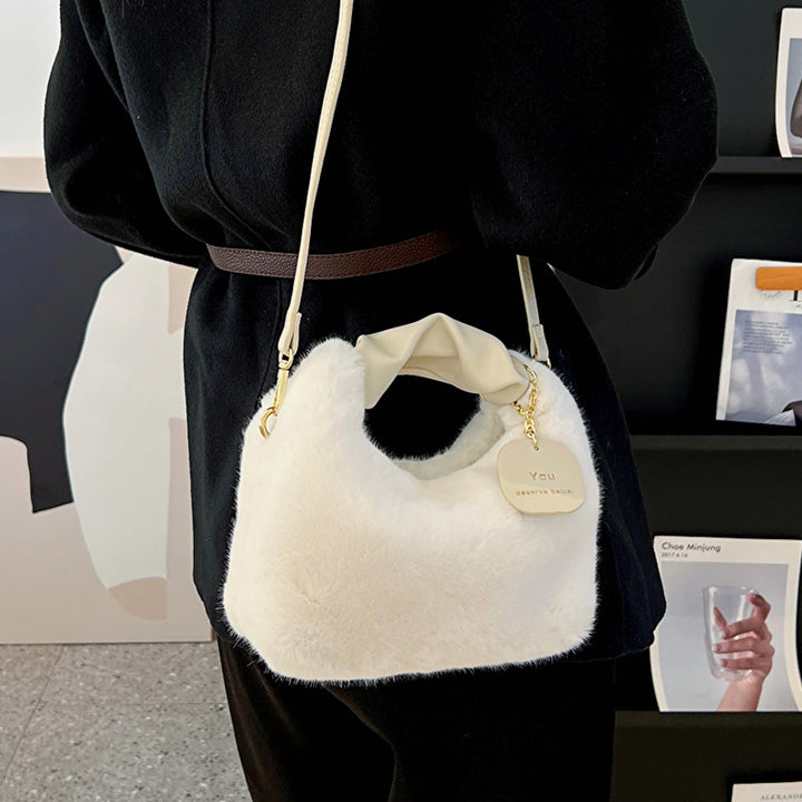 White Faux Fur Bag with Leather Handle