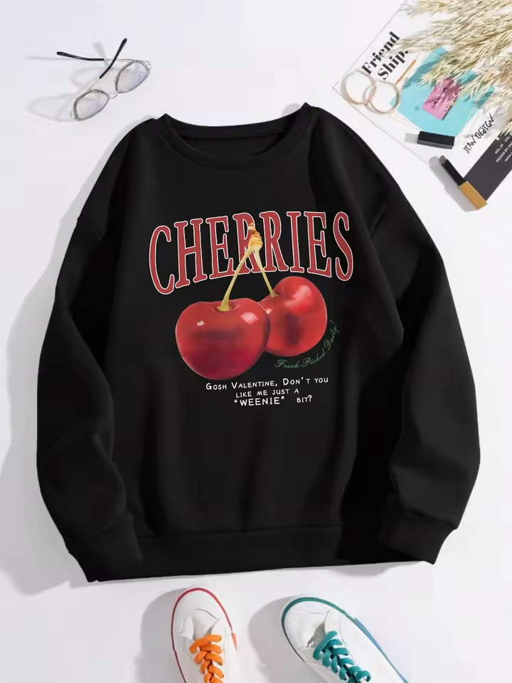 Women's Cherry Print Sweatshirt - Loose Fit, Fleece