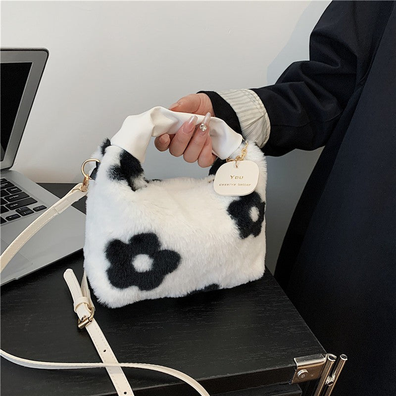 Black and White Floral Faux Fur Bag