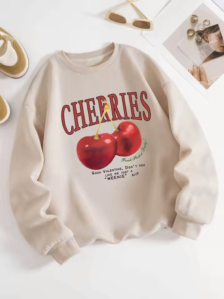 Women's Cherry Print Sweatshirt - Loose Fit, Fleece