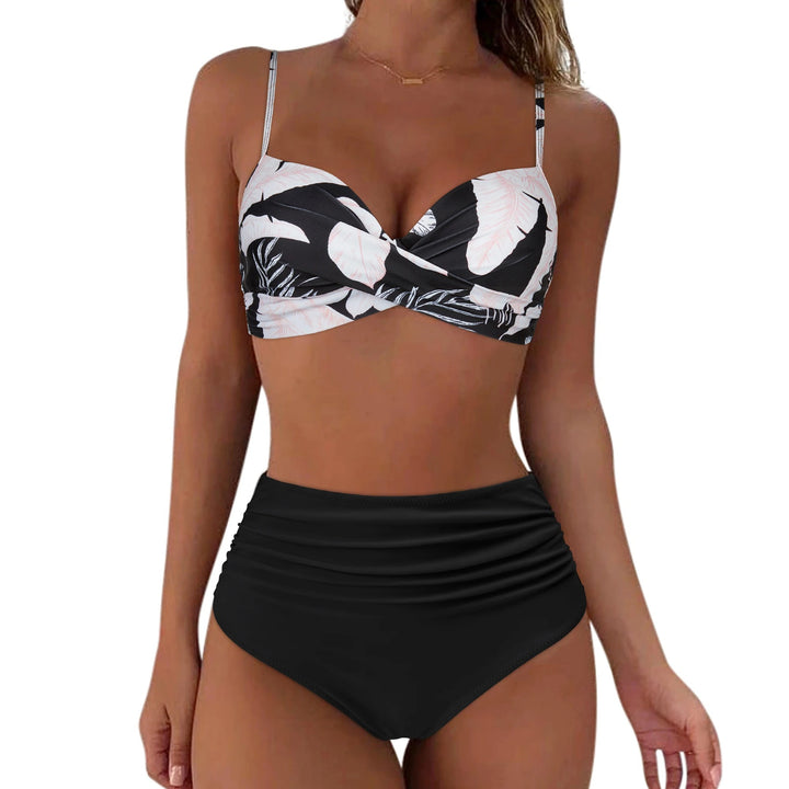 Black high waist leaf pattern push up bikini