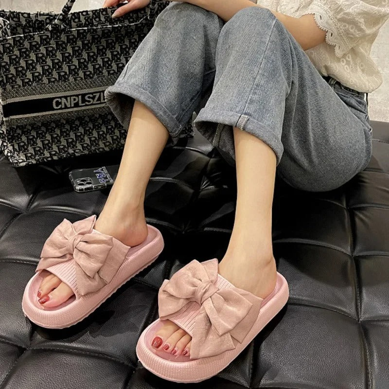 Pink High Heel Sandals with Thick Sole and Bow