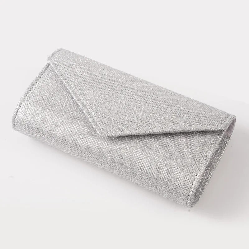 Evening clutch bag shiny silver with chain