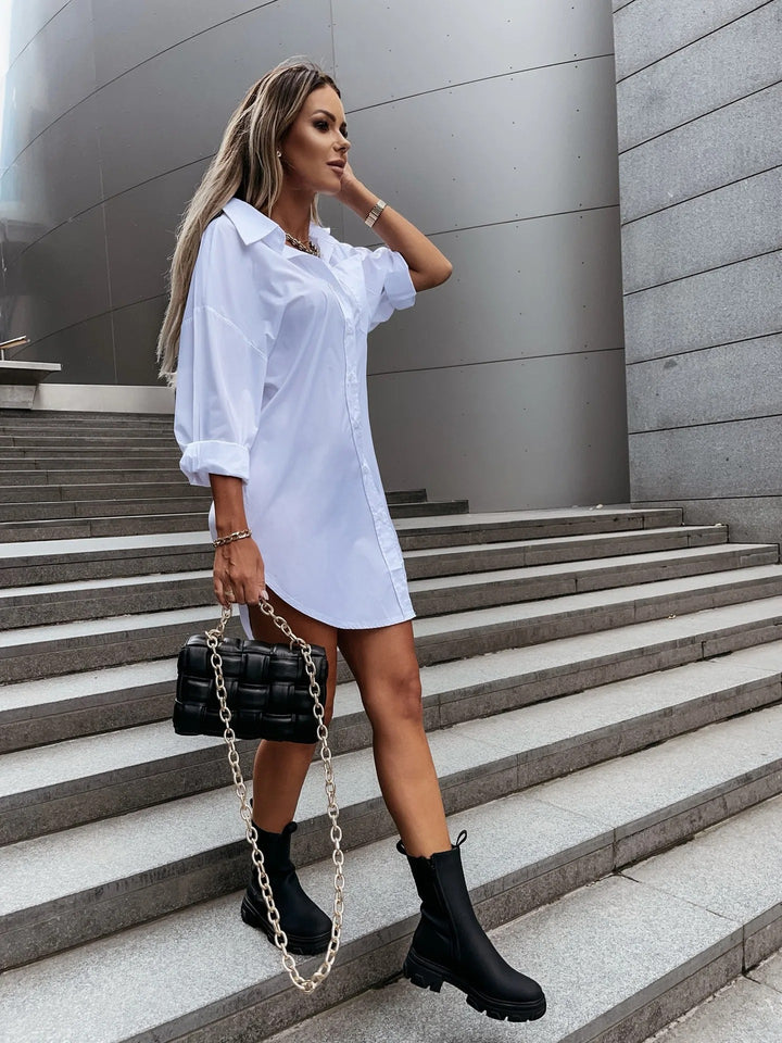 White Shirt Dress with Buttons and Lapels