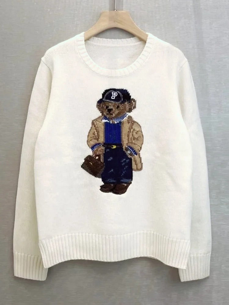 White Jacquard Sweater With Bear Motif