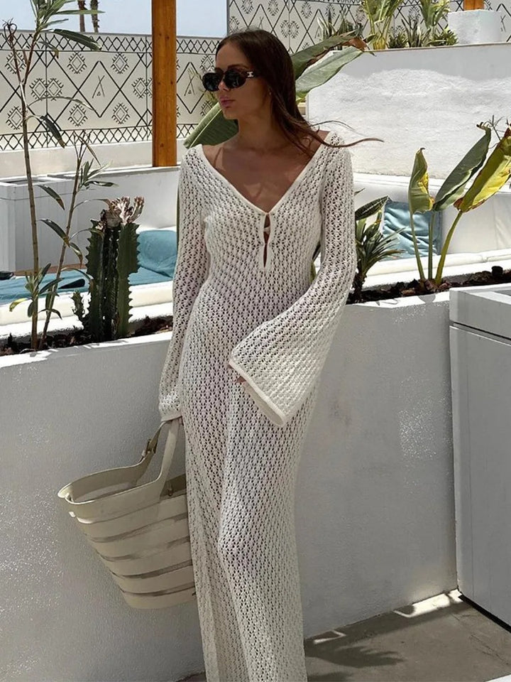 White Openwork V-Neck Maxi Beach Dress