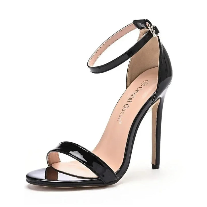 Black High Heel Sandals with Buckle and Open Toe