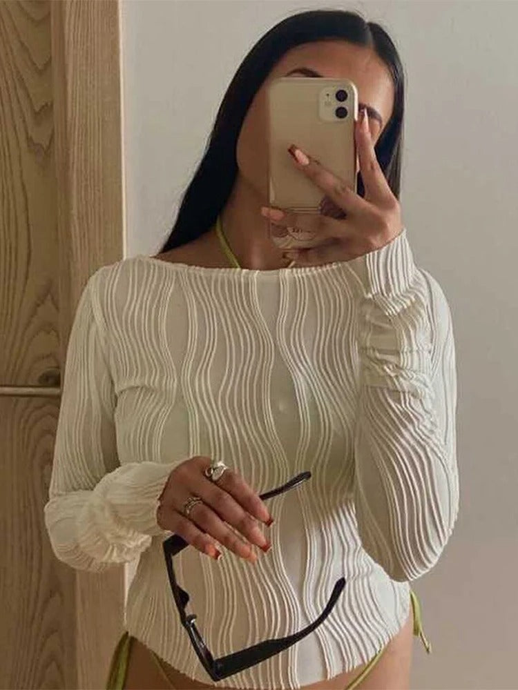 White Long Sleeve Ruffled T-Shirt