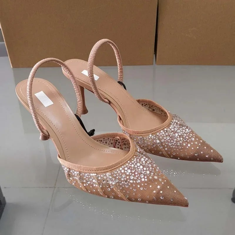 Beige Water Diamond Bright Mesh High Heels Sandals