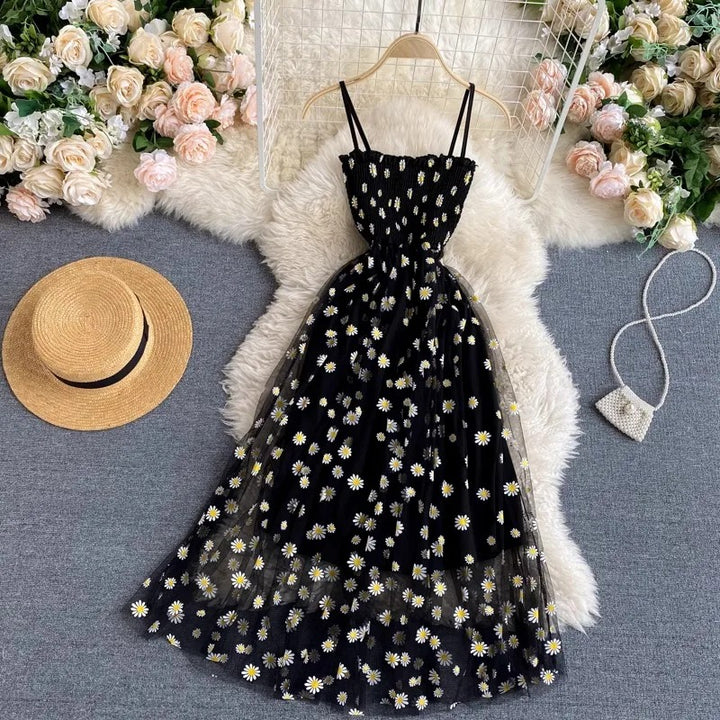 Black Chiffon Dress with Floral Pattern