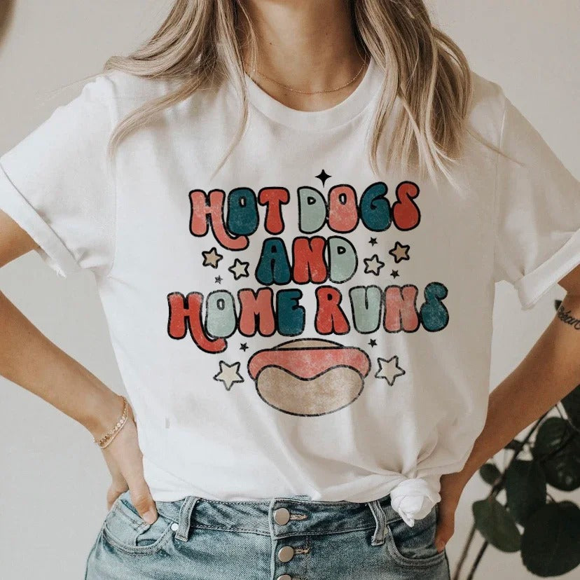 Hot Dogs and Home Runs Printed White T-Shirt