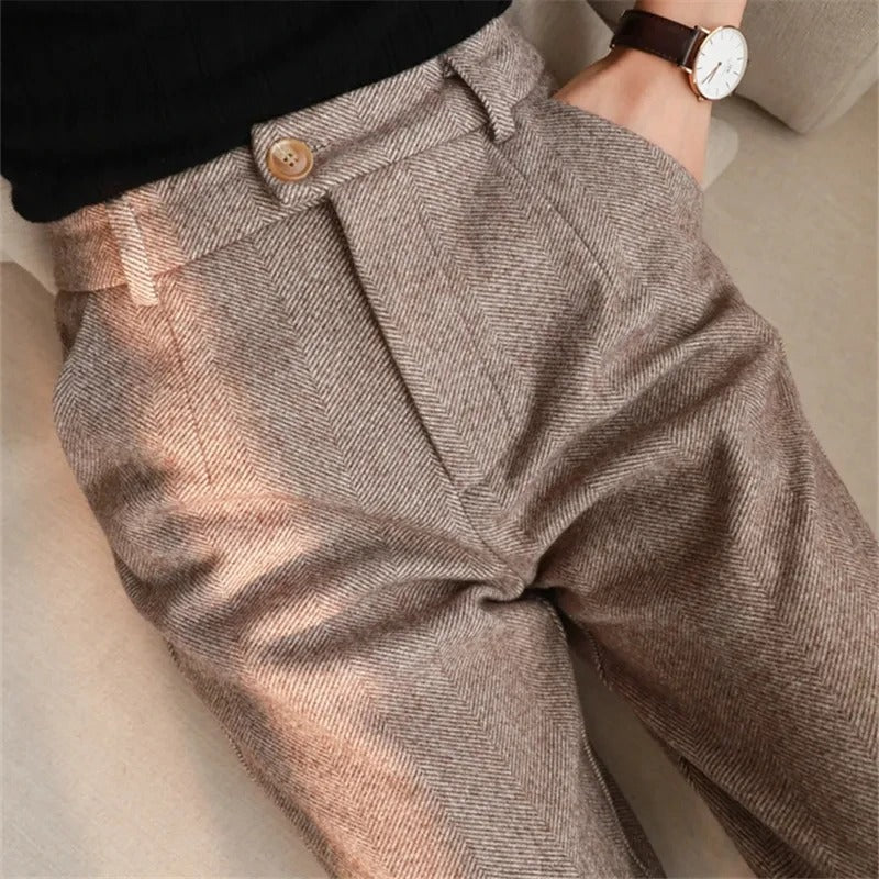 Khaki Wool High Waist Harem Pants