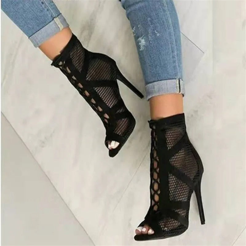 Black Mesh High Heel Gladiator Sandals with Lace-Up