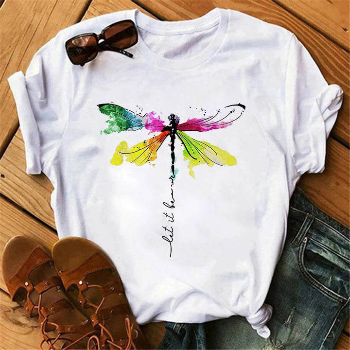 White T-shirt with Colorful Dragonfly Print – Let It Be