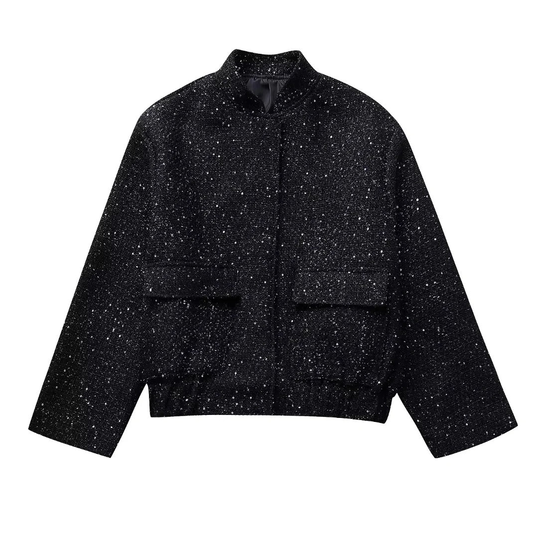 Black Y2K Shiny Sequin Jacket with Stand Collar