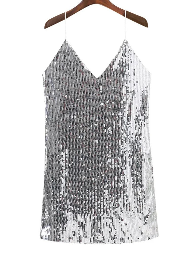 Silver Sequin Mini Dress with Deep Neckline