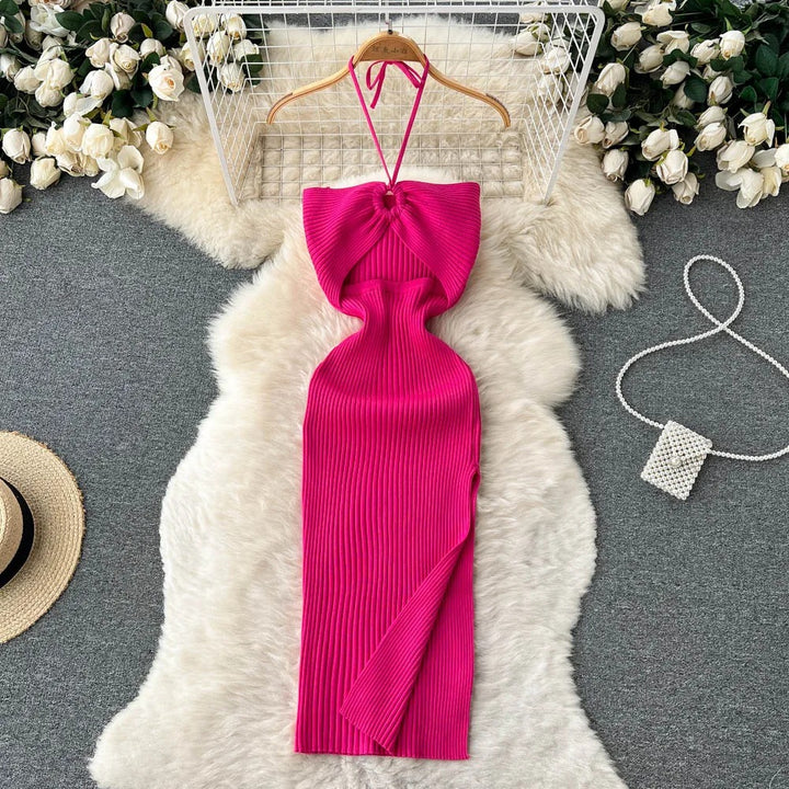 Pink Halter Neck Braided Dress