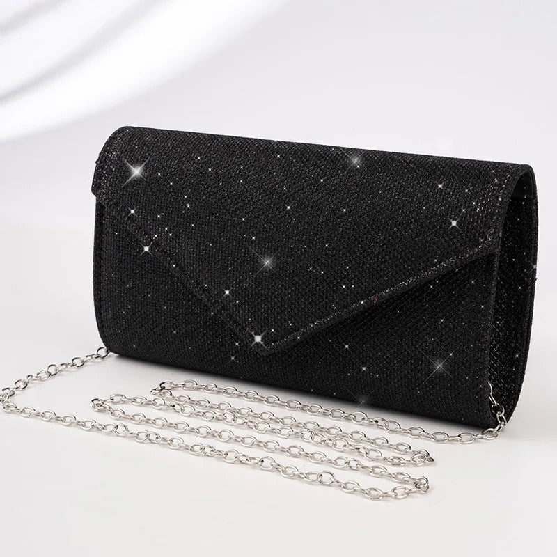 Evening clutch bag shiny black with chain