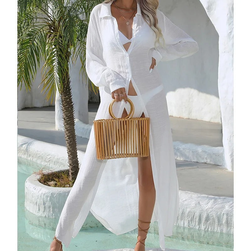 White Long Beach Shirt Stylish Bikini Cover Up