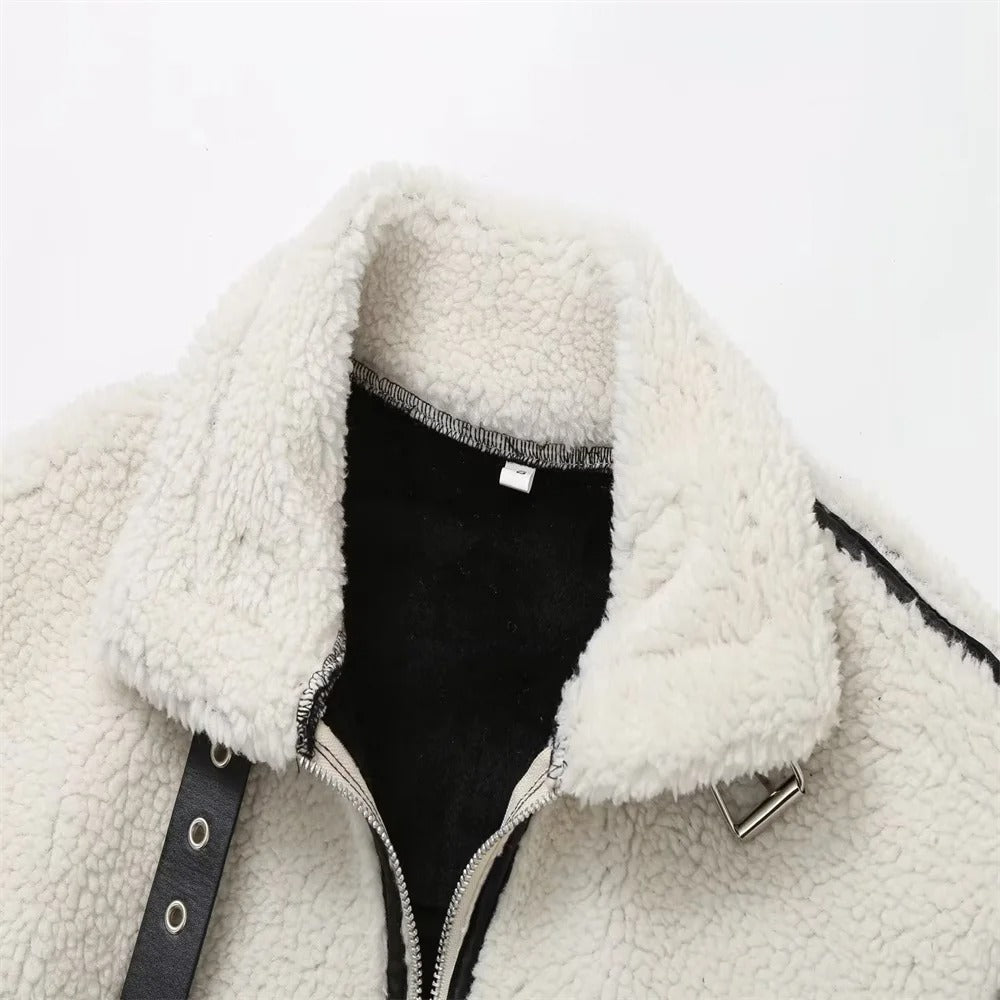 Beige Plush Jacket with Turn-down Collar