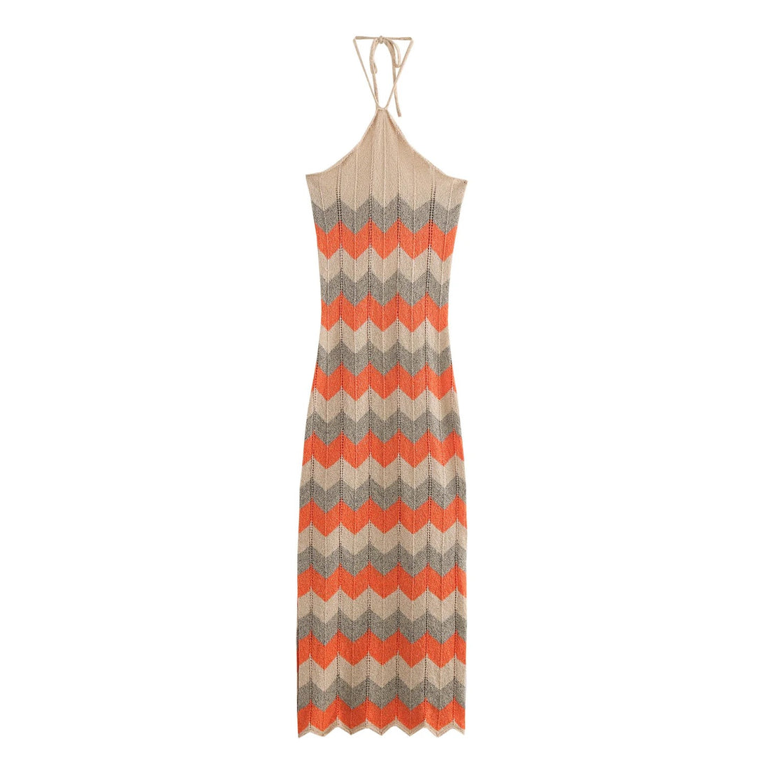 Colorful Knitted Maxi Dress with Tie Neck