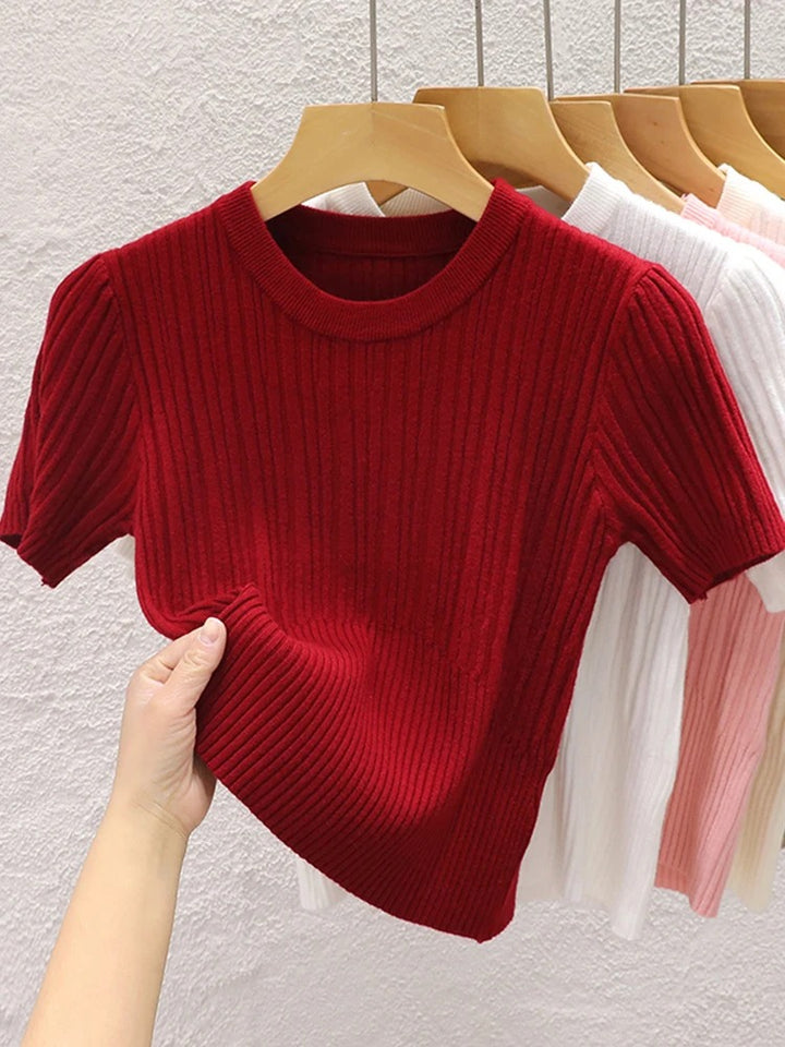 Red Fitted Knit T-Shirt