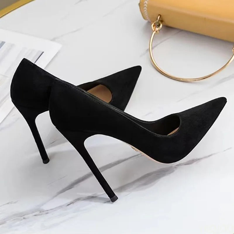 Black Suede High Heel Pumps with Pointed Toe