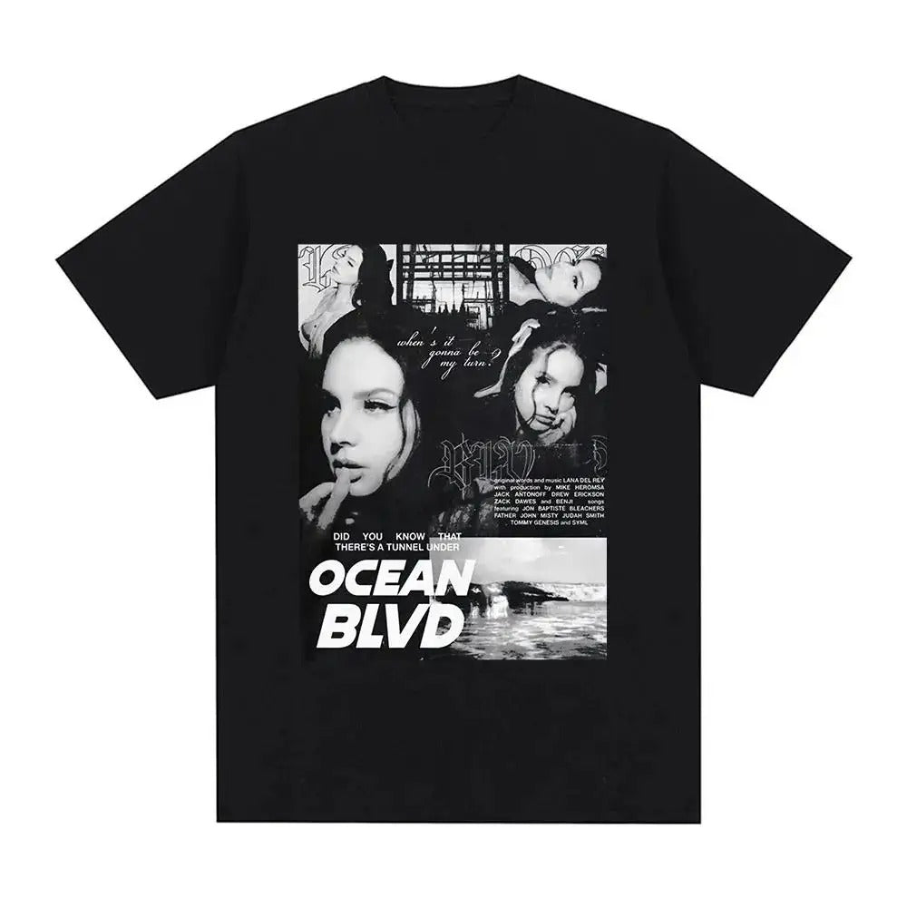 Czarny T-Shirt z Nadrukiem Lana Del Rey - Ocean Blvd