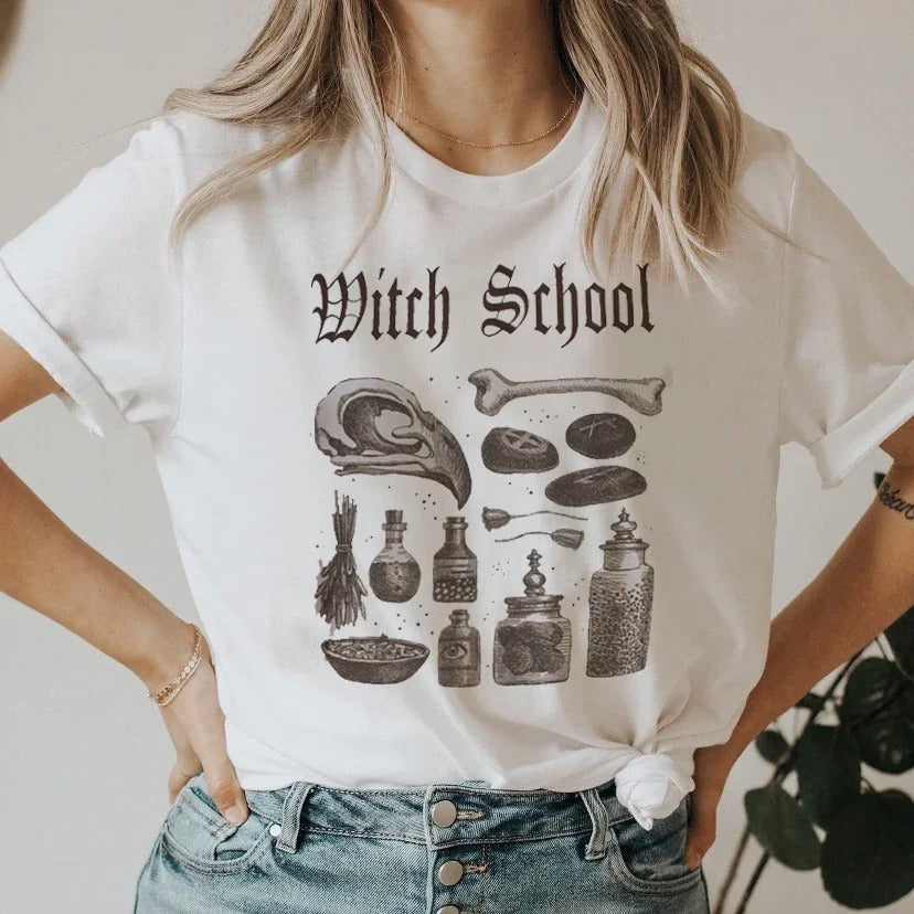 White T-shirt with Witch School Print