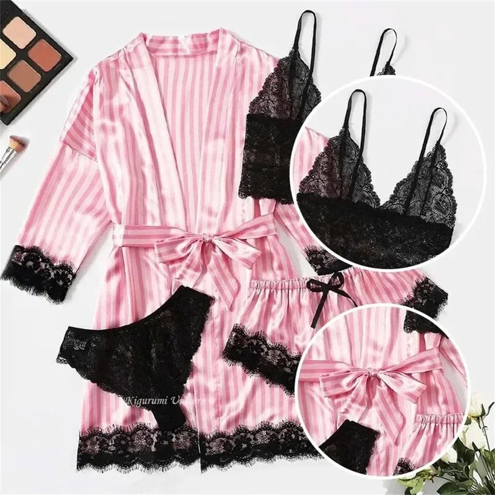 Pink Satin 4-Piece Lace Pajama Set with Robe